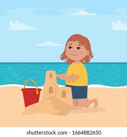 Little girl is building a sand castle on the beach. Cute vector illustration in flat style