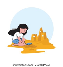 Little girl building sand castle on summer beach
