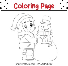little girl building snowman coloring book page for children