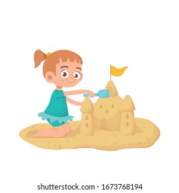 Little Girl Builds A Sand Castle Vector Illustration