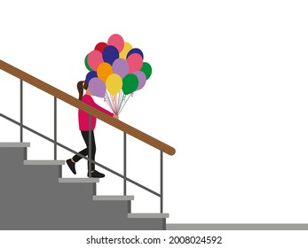 Little girl with a bunch of balloons in her hand descends the stairs on a white background