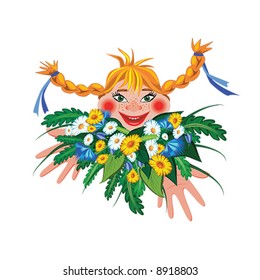 Little girl with a bunch of flowers.