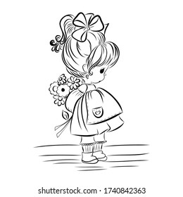 Little girl with a bunch of flowers, vector illustration