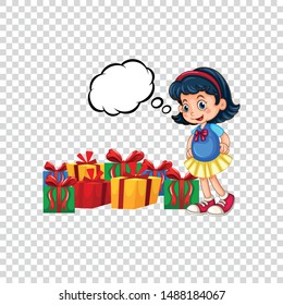 Little girl with a bunch of gifts in boxes