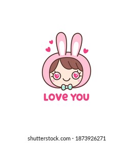 Little girl in bunny hat, with hearts and text "Love you". Happy Valentine's Day. It can be used for greeting card, poster, mug and other design. Cartoon vector illustration. 