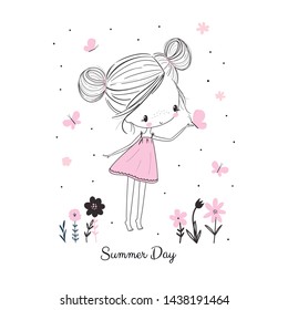 Little girl with butterflies and flowers in pink dress. Childish doodle drawing vector illustration in pink colour. Use for girlish surface designs, fabric print, card, fashion kids wear, baby shower,