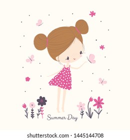 Little girl with butterflies and flowers in pink dress. Childish hand drawing vector illustration in pink colour. Use for girlish surface designs, fabric print, card, fashion kids wear, baby shower, w