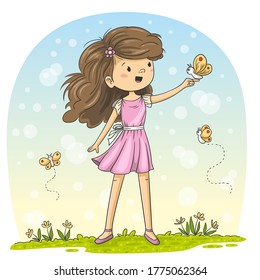 Little girl with butterflies Hand drawn vector illustration with separate layers.