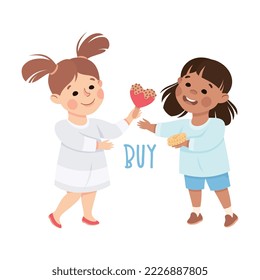 Little Girl Buying Candy on Stick Demonstrating Vocabulary and Verb Studying Vector Illustration
