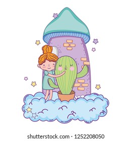 little girl with cactus kawaii character