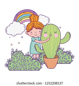 little girl with cactus kawaii character