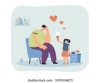 Little girl calming her sad father. Flat vector illustration. Daughter handing ice cream to sad, depressed man sitting in armchair. Family, kindness, dessert, mental health, support, care concept