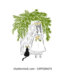 Little girl came to visit with black cat and knock on wooden door. Baby with two pigtails, dressed in dress with wreath on her head, holds flower bouquet. Coloring page. Book illustration. 