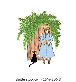 Little girl came to visit with black cat and knock on wooden door. Baby with two pigtails, dressed in dress with wreath on her head, holds flower bouquet.