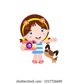 Little Girl with Camera and dog cartoon Vector Template Design Illustration