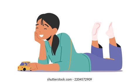 Little Girl with Car Toy in hands, Child Playing Concept. Kid Lying Down on Floor Having Fun and Recreation at Home or Kindergarten Isolated on White Background. Cartoon People Vector Illustration