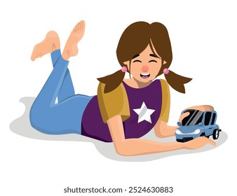 Little Girl with Car Toy in hands, Child Playing Concept. Kid Lying Down on Floor Having Fun and Recreation at Home or Kindergarten Isolated on White Background. Cartoon People Vector Illustration.