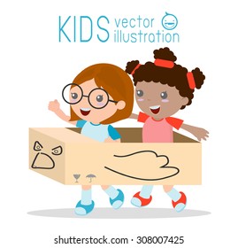 Little girl in a cardboard airplane,  kids playing, happy child, Vector Illustration
