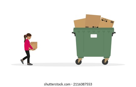 A little girl with a cardboard box in her hands goes to a full trash can on a white background