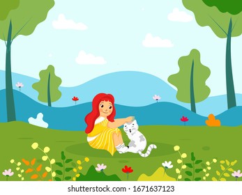 Little Girl Care or Loving Cat Sit on Beautiful Floral Nature Background.