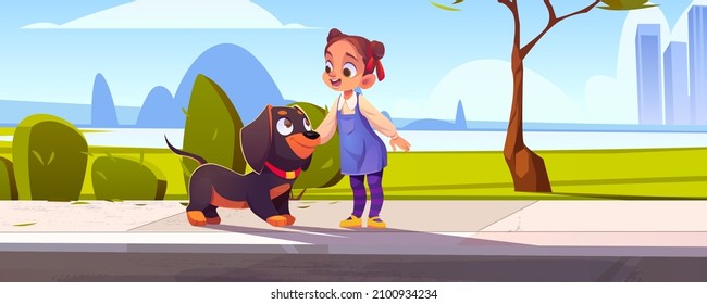 Little girl caress cute dachshund dog at city street or parkland area with trees and cityscape background. Child with pet, walk with domestic animal, cartoon funny characters, Vector Illustration