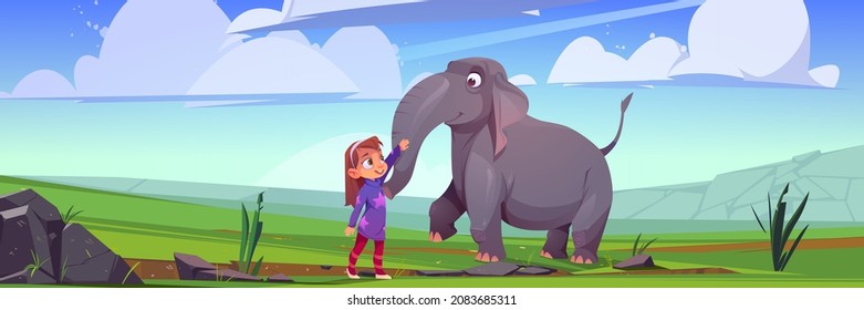 Little girl caress elephant at nature landscape, cute cartoon child and animal friends characters game or book personages, mammal wild jungle creature at panoramic view background Vector illustration