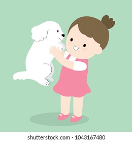 Little girl carries her white dog up with love vector.