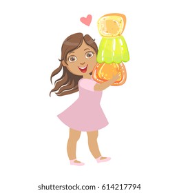 Little girl carring a colorful citrus jelly, a colorful character