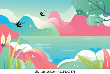 A little girl carrying a bag on a spring tour, spring scenery with green mountains and water, vector illustration