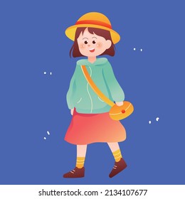 A little girl carrying a bag on a spring tour, spring scenery with green mountains and water, vector illustration