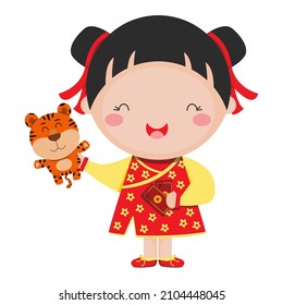 The little girl carrying a doll tiger looks happy to get 2 red envelopes. Chinese new year. Year of the tiger. Vector Graphic illustrations. Suitable for t-shirt design.