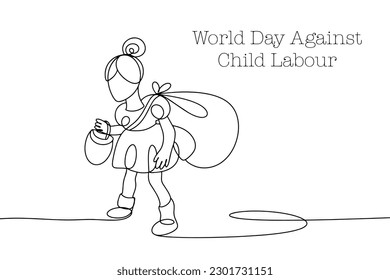 The little girl is carrying a heavy bag. Child labour. World Day Against Child Labour. One line drawing for different uses. Vector illustration.