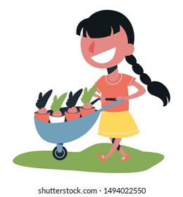 Little girl carrying a plant in the wagon. Kid gardening concept. Preschooler with flower. Vector isolated illustration in flat style