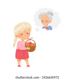 Little Girl Carrying Wicker Basket and Thinking About Her Grandmother Vector Illustration
