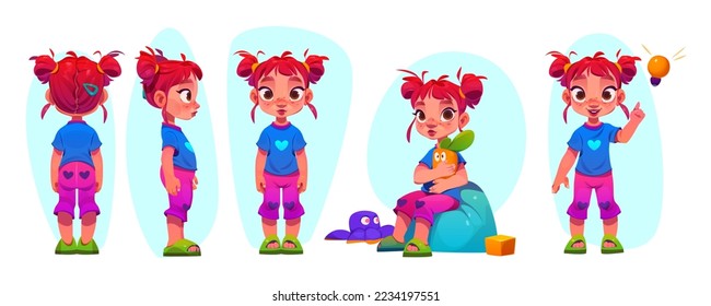 Personaje de dibujos animados de niñas pequeñas para la vista frontal, lateral y trasera de la animación. Bebé caucásico, pequeño pelirrojo sentado con juguete en una bolsa de frijol y teniendo idea con bombilla, ilustración vectorial, set