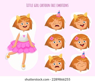 Little girl cartoon character emotions.Young girl face construction with different expressions.Cartoon personage vector