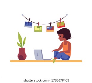 Little girl cartoon character sitting on the floor and looking at laptop screen, flat vector illustration isolated on white background. Children and computer technology.