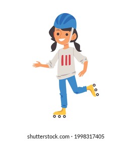 Little girl cartoon character skating on roller skates, flat vector illustration isolated on white background. Children summer outdoor activity and sport exercising.