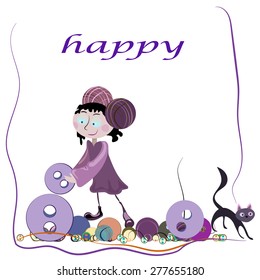 Little girl in a cartoon style buttons and thread rolls. Koshka help her in this. Vector illustration