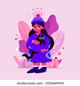 Little girl with cat cartoon illustration. Cute kid character with kitten. Black cat and little girl vector illustration