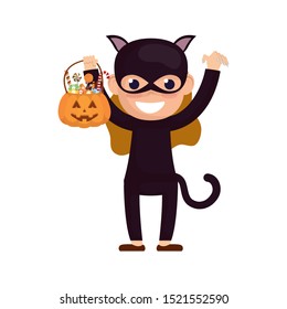 little girl with cat costume and candies character vector illustration design