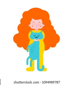Little girl and cat. Female child holding pet. Vector illustration
