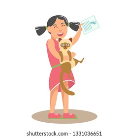 Little Girl with Cat Flat Vector Illustration. Smiling Child Hug Siamese Cat. Vet Prescription. Animal Lover and Pet Cartoon Character. Human and Animal Friendship. Color Isolated Design Element