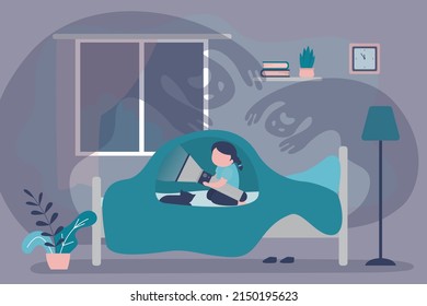 Little girl with cat hiding under blanket from ghosts. Child with flashlight frightened by specters in bedroom. Childhood fears, nightmares. Teenager scared by imaginary monsters. Vector illustration