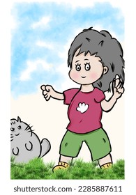 Little girl and cat playing in grass field in summer morning with clear blue sky children illustration for books and stories and rhymes