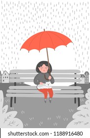 Little girl with cat in the rain. Baby girl sitting on the bench with red umbrella in the rain. Original vector illustration.