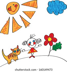 Little girl and cat under the sun on children picture