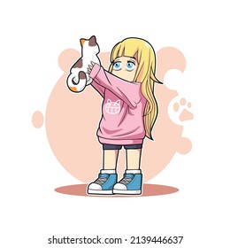 little girl and cat vector illustration design