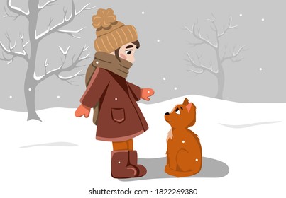 Little girl with a cat. Winter landscape. Stock vector illustration. Animal friendship concept.