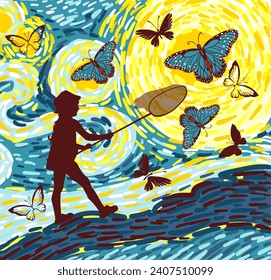 Une petite fille attrape des papillons. Abstrait, joli arrière-plan bleu et jaune. dessin à la main. Non IA, illustration vectorielle